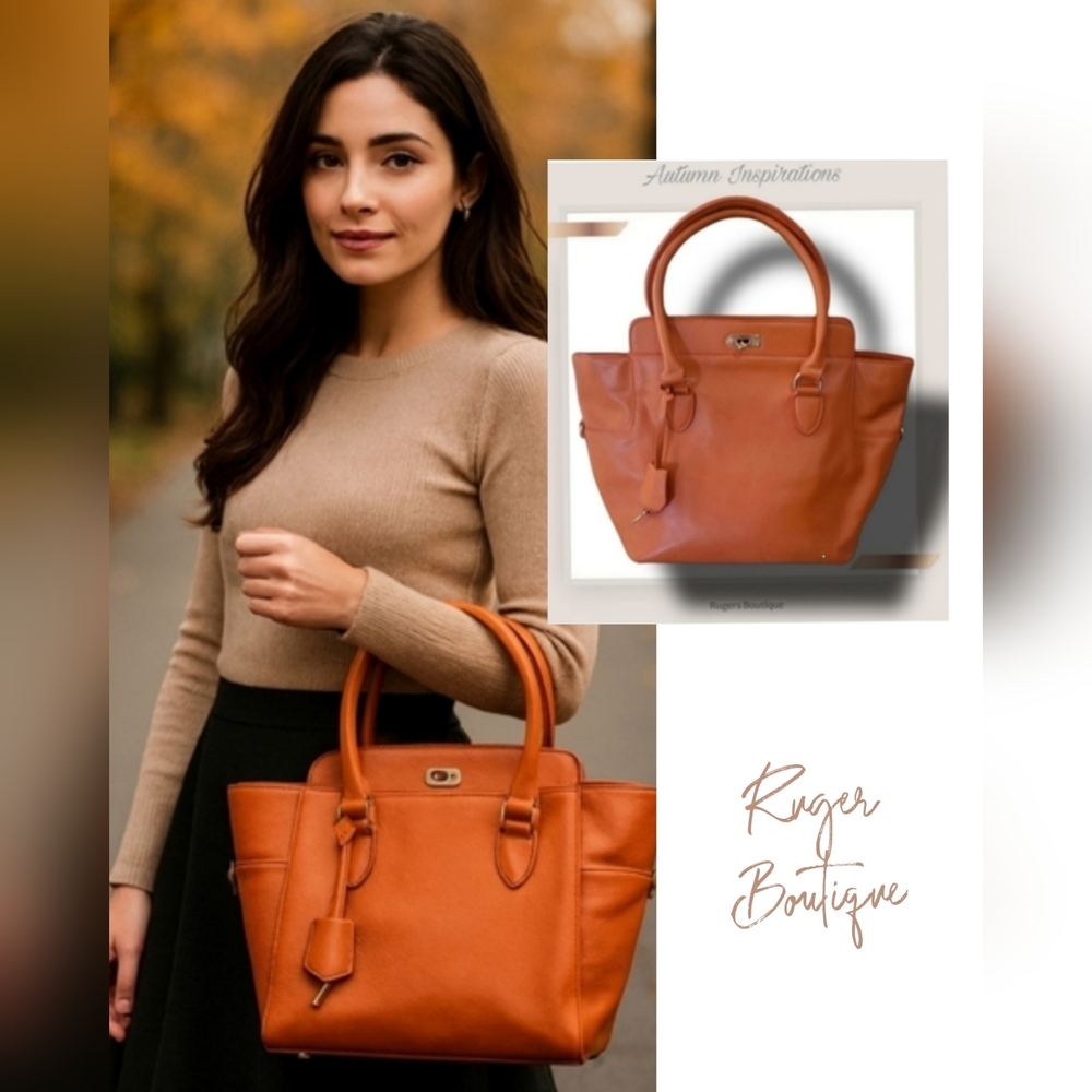 🌿Heggins Structured Orange faux-leather shoulder bag with gold tone hard